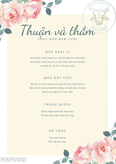 menu tiệc cưới để bàn