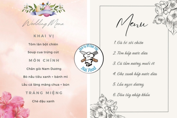 Các mẫu thực đơn tiệc cưới để bàn đẹp
