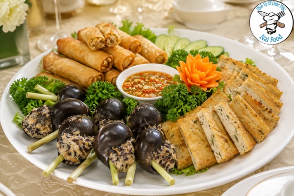 Khai vị 3 món: Chả giò hải sản + chả cá thác lác + ốc bươu nhồi thịt.