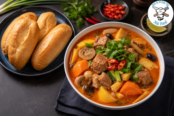 Sườn heo nấu lagu ăn kèm bánh mỳ.