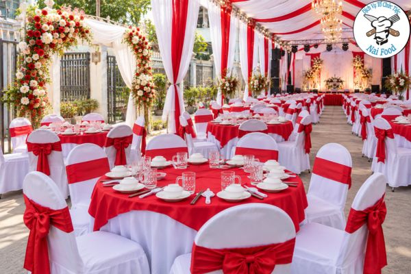 Bàn ghế, khung rạp cưới, và bàn ghế được Naifood setup chỉn chu