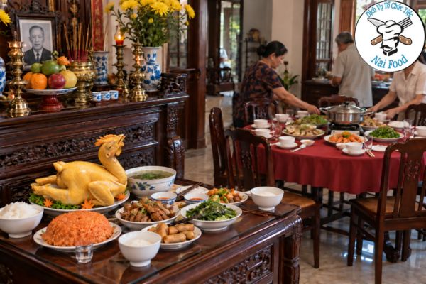 Mâm cúng và mâm đãi khách trong đám giỗ tại nhà